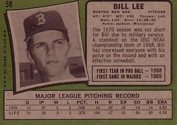 1971 Topps #58 Bill Lee Back