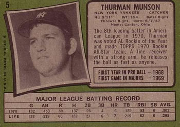 1971 Topps #5 Thurman Munson Back