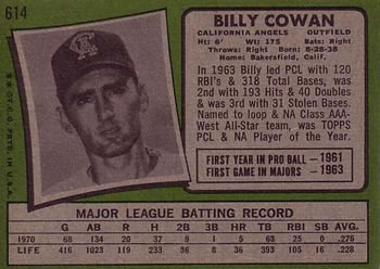 1971 Topps #614 Billy Cowan Back