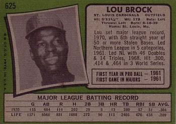 1971 Topps #625 Lou Brock Back