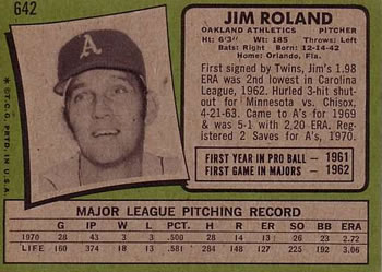 1971 Topps #642 Jim Roland Back