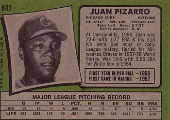 1971 Topps #647 Juan Pizarro Back