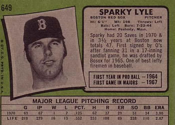 1971 Topps #649 Sparky Lyle Back