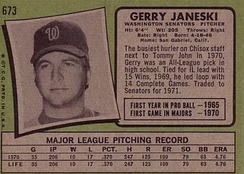 1971 Topps #673 Gerry Janeski Back