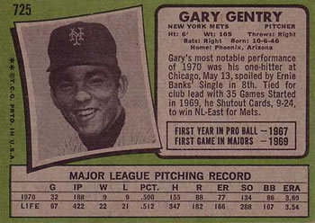 1971 Topps #725 Gary Gentry Back
