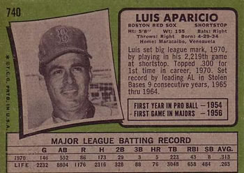 1971 Topps #740 Luis Aparicio Back
