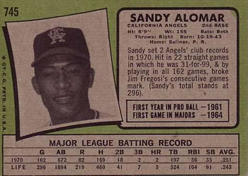 1971 Topps #745 Sandy Alomar Back