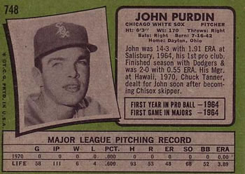 1971 Topps #748 John Purdin Back