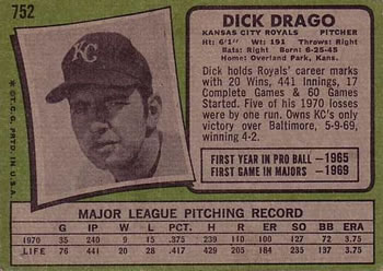 1971 Topps #752 Dick Drago Back