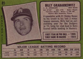 1971 Topps #85 Billy Grabarkewitz Back
