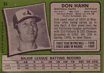 1971 Topps #94 Don Hahn Back