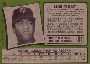 1971 Topps #95 Luis Tiant Back
