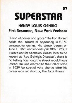1980 TCMA Superstars #27 Lou Gehrig Back