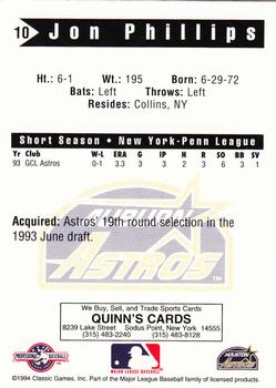 1994 Classic Best Auburn Astros #10 Jon Phillips Back