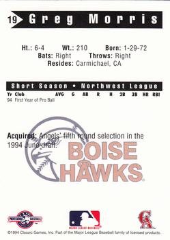 1994 Classic Best Boise Hawks #19 Greg Morris Back