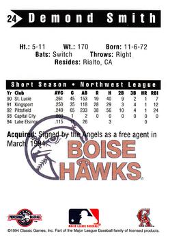 1994 Classic Best Boise Hawks #24 Demond Smith Back