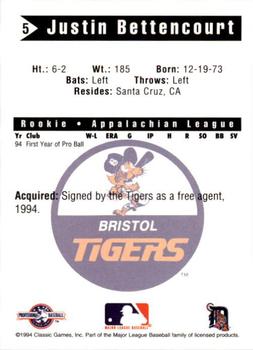 1994 Classic Best Bristol Tigers #5 Justin Bettencourt Back