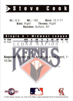 1994 Classic Best Cedar Rapids Kernels #7 Steve Cook Back