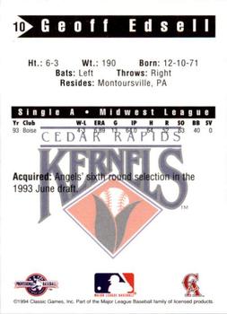 1994 Classic Best Cedar Rapids Kernels #10 Geoff Edsell Back