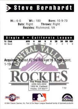 1994 Classic Best Central Valley Rockies #3 Steve Bernhardt Back