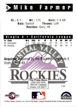 1994 Classic Best Central Valley Rockies #6 Mike Farmer Back