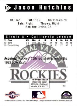 1994 Classic Best Central Valley Rockies #10 Jason Hutchins Back