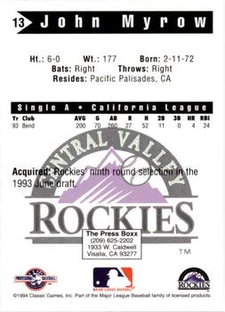 1994 Classic Best Central Valley Rockies #13 John Myrow Back