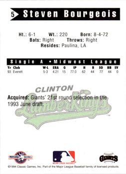 1994 Classic Best Clinton LumberKings #5 Steven Bourgeois Back