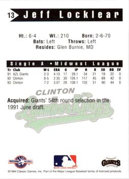 1994 Classic Best Clinton LumberKings #13 Jeff Locklear Back