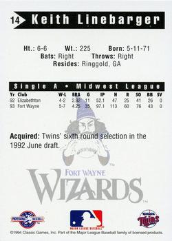 1994 Classic Best Fort Wayne Wizards #14 Keith Linebarger Back