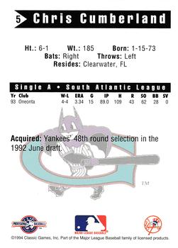 1994 Classic Best Greensboro Bats #5 Chris Cumberland Back