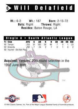 1994 Classic Best Greensboro Bats #6 Will Delafield Back
