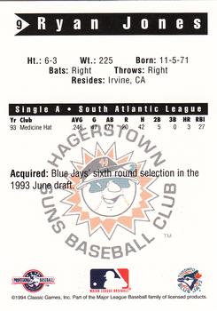 1994 Classic Best Hagerstown Suns #9 Ryan Jones Back