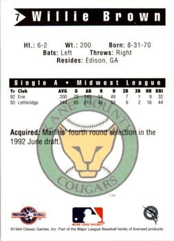1994 Classic Best Kane County Cougars #7 Willie Brown Back