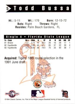 1994 Classic Best Lakeland Tigers #5 Todd Bussa Back
