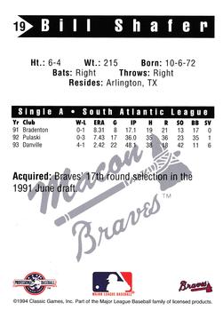 1994 Classic Best Macon Braves #19 Bill Shafer Back