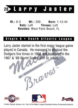 1994 Classic Best Macon Braves #28 Larry Jaster Back