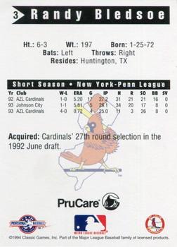 1994 Classic Best New Jersey Cardinals #3 Randy Bledsoe Back