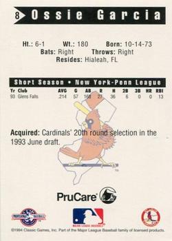 1994 Classic Best New Jersey Cardinals #8 Ossie Garcia Back