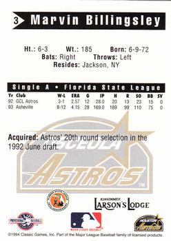 1994 Classic Best Osceola Astros #3 Marvin Billingsley Back