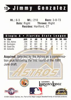 1994 Classic Best Osceola Astros #10 Jimmy Gonzalez Back