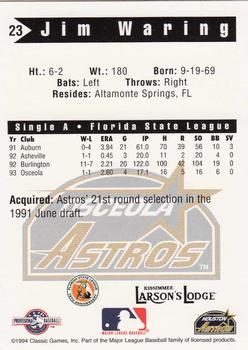 1994 Classic Best Osceola Astros #23 Jim Waring Back