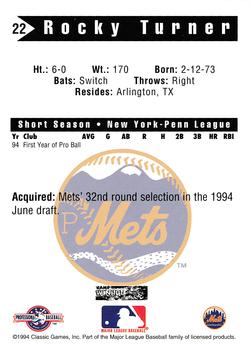 1994 Classic Best Pittsfield Mets #22 Rocky Turner Back
