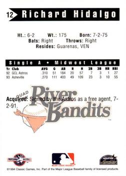 1994 Classic Best Quad City River Bandits #12 Richard Hidalgo Back