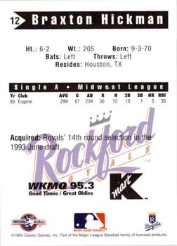 1994 Classic Best Rockford Royals #12 Braxton Hickman Back