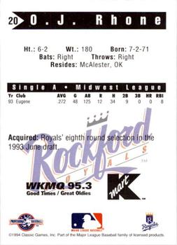 1994 Classic Best Rockford Royals #20 O.J. Rhone Back