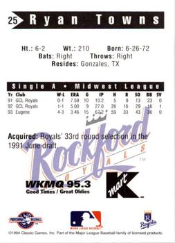 1994 Classic Best Rockford Royals #25 Ryan Towns Back