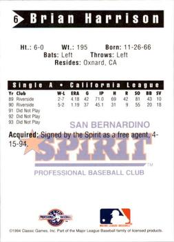 1994 Classic Best San Bernardino Spirit #6 Brian Harrison Back