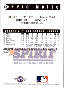 1994 Classic Best San Bernardino Spirit #13 Eric Nolte Back