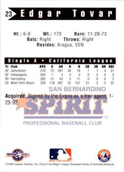 1994 Classic Best San Bernardino Spirit #23 Edgar Tovar Back